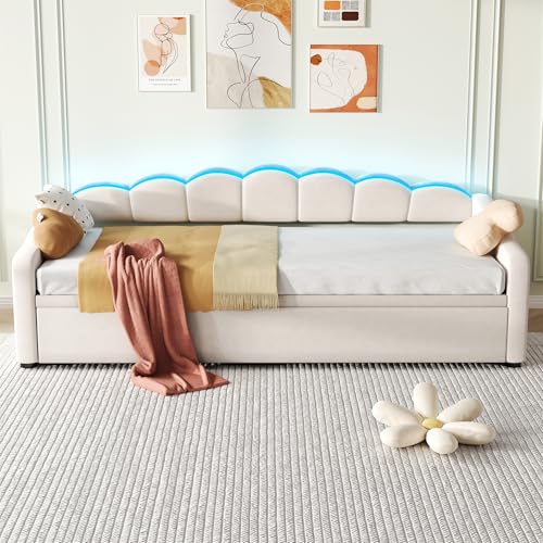 Ball & Cast DUpholstered Daybed 3ft-90x190cm, Sofa Bed with Charging Station, Velvet Single Bed with USB and Type - C Ports, Pull Out Trundle Bed for Living Room/Bedroom, Beige (No Mattress)
