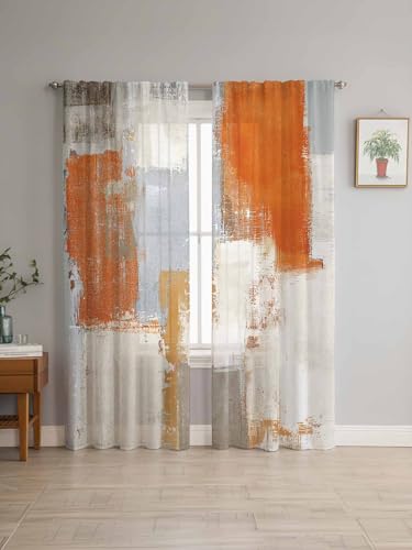 AMZRicher Orange Brown Gray Beige Sheer Curtains 84 Inch Length 2 Panels Set, Abstract Oil Painting Texture Semi Transparent Voile Rod Pocket Curtains for Living Dining Room Bedroom Drapes