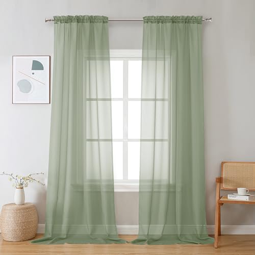"OVZME 2 Pieces Bedroom Curtains 96"" Length for Farmhouse, Voile Drapes Light Airy Window Decor for Patio Door Living Room Bedroom Dining, Sage Green, Each W42 X L96 inches, 1 Pair"