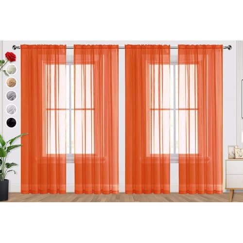 SpaceDresser Burnt Orange Sheer Curtains 4 Panels Rod Pocket Semi-Sheer Curtain 54 Inches Long Light Filtering Voile Window Drapes for Bedroom Living Room Kitchen, Each 52W x54L
