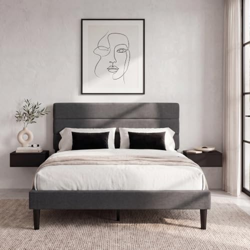 Vida Designs Vandura King Fabric Bed Frame - Dark Grey Linen - 97-106H x 157.5W x 207.5D cm - Soft Cushioned & Adjustable Headboard - Under Bed Storage - Slatted Base - Minimalist Style