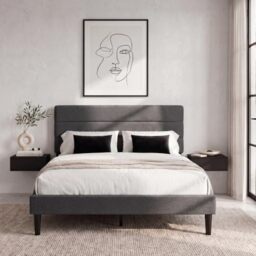 Vida Designs Vandura King Fabric Bed Frame - Dark Grey Linen - 97-106H x 157.5W x 207.5D cm - Soft Cushioned & Adjustable Headboard - Under Bed Storage - Slatted Base - Minimalist Style
