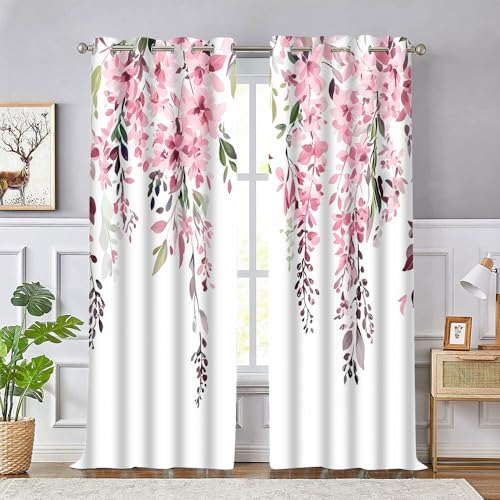 EOTDMS Pink Watercolor Floral Curtains 84 inches Long, Botanical Leaves Vine Flowers Rustic Farmhouse Curtains, Blackout Window Treatment Drapes for Bedroom Living Room 42x84inch, 2 Panels