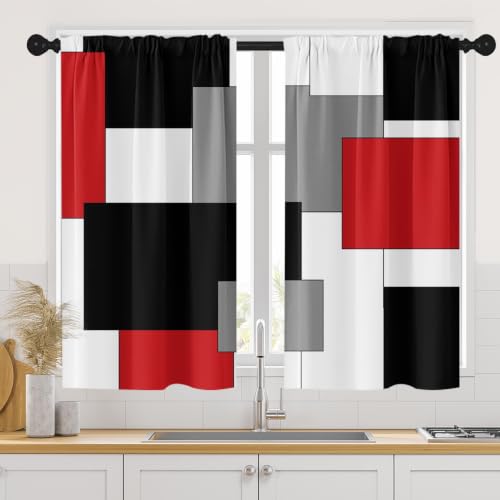 Tayney Red Kitchen Curtains 45 Inch Length Black Grey White Window Short Tier Curtains Over Sink Set of 2, Modern Abstract Geometric Art Kitchen Decor 42x45 Inch