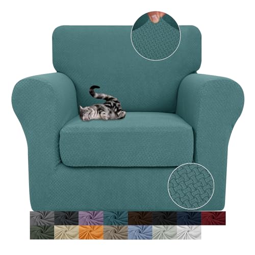 JIVINER 2 Pieces Armchair Covers for Living Room Stretch Chair Slipcovers with 1 Seat Cushion Covers Thick Fitted Couch Cover for Pet Dogs Furniture Protector (Chair, Peacock Blue)