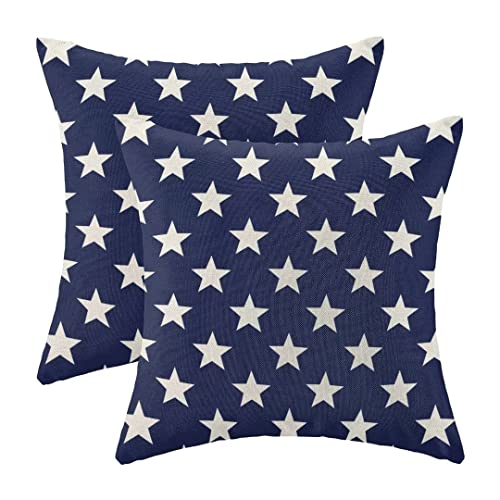 AEIOAE 4th of July Decorations Pillow Covers 20x20 Inch Set of 2, Independence Day Patriotic Navy Blue Stars Throw Pillows Linen Farmhouse Holiday Cushion Case for Sofa Living Room Outdoor Decor