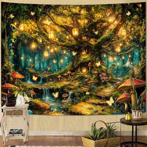 Kanuyee Enchanted Life Tree Forest Tapestry, Luminous Fairy Tale Wall Hanging for Room Decor, Dreamy Nature Home Decor 60L x 44W