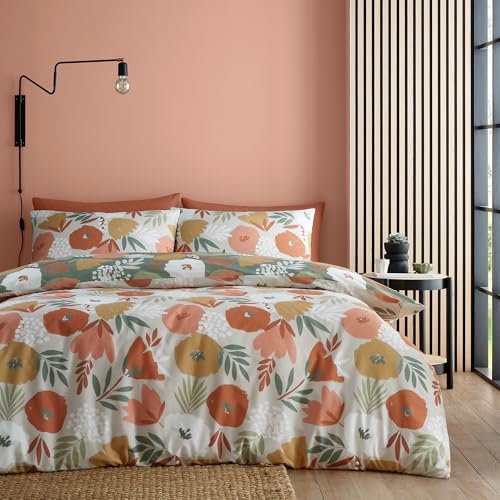 Fusion - Green & Natural Flower Art Abstract Duvet Cover - Single Bedding Size (140 x 200cm) - Reversible Design (2 Colours) - Easy Care & Washable - Brush Paint Flower Duvet Cover in Natural & Black