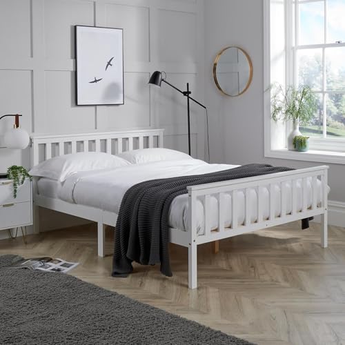 Home Source Florida Solid Wood Shaker Bed Frame, Natural Wood, White, 4ft Small Double