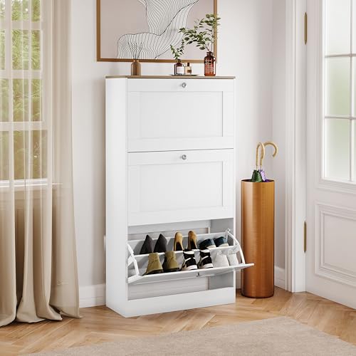 Vida Designs Altino 3 Drawer Shoe Cabinet - White & Oak - Space-Saving Storage for 15+ Pairs - 117H x 58W x 23.5D cm - Anti-Tip - Modern Hallway Unit