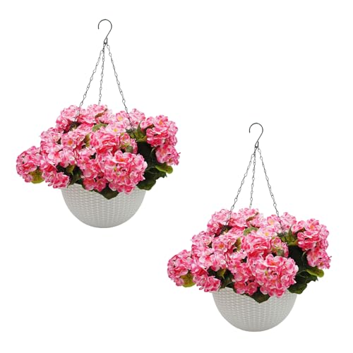 GarveeLife Pack of 2 Artificial Flowers Hanging Geranium Flowers with White Basket Decorative Artificial Flowers for Outdoor Home Decoration Garden Artificial Balcony Plants Pink