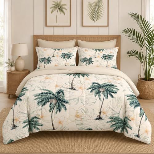 Pamnest Comforter Set Twin Size, Tropical Botanical Palm Summer 5 Pcs Bedding for Kids and Adults, Hawaiian Coconut Tree Bed Sheet Sets with Fitted Sheet Pillowcase & Sham for Bedroom Bed Decor