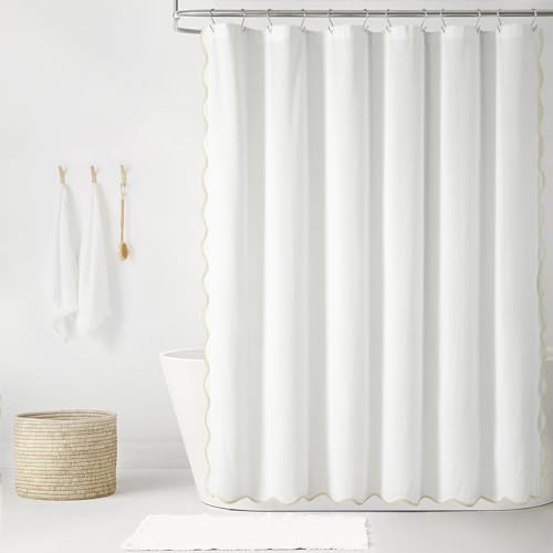 Lush Decor Coastal Chic Scallop Edge Linen Textured Shower Curtain Neutral/White Single 72x72 - Elegant Affordable Luxury Chic Charm for Bathroom Decor
