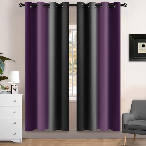 Yakamok Blackout Ombre Purple and Black Curtains for Bedroom, Gradient Room Darkening Curtains, Grommet Thermal Insulated Light Blocking Window Drapes/Curtain for Living Room,52 x 72 Inch,2 Panels