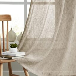 Melodieux Rustic Linen Sheer Curtains 84 Inches Long for Bedroom, Living Room Natural Flax Textured Light Filtering Rod Pocket Burlap Sheer Drapes, 52x84 Inch, Tan (2 Panels)