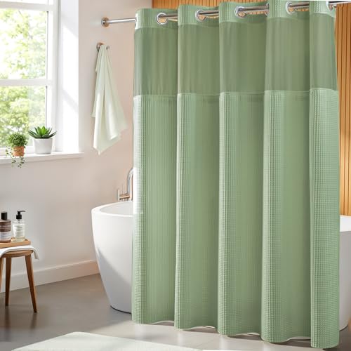 River Dream Cotton Blend Fabric Shower Curtain Set with Liner, Sage, 71x74 - Waffle Weave, No Hook Needed, with Snap in Replacement Liner, Top Sheer Window, Hotel Quality Fabric for Bathroom