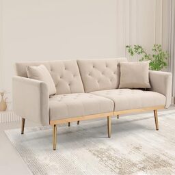 Ball & Cast 3 Seater Sofas 144CM, Velvet Small Sofa with 53cm Deep Seat, Modern Couch 300kg Capacity, Comfy Seat Tool-Free Setup, Large 2 Seater Sofa in A Box, Loveseat Couch for Living Room, Beige