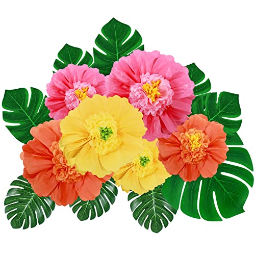 40 Pack Tropical Party Decorations Supplies Large Tissue Paper Hibiscus Flowers Faux Palm Leaves Set 24'' /12'' for Hawaiian Luau Safari Party Archway Mexican Fiesta Birthday Party Decorations