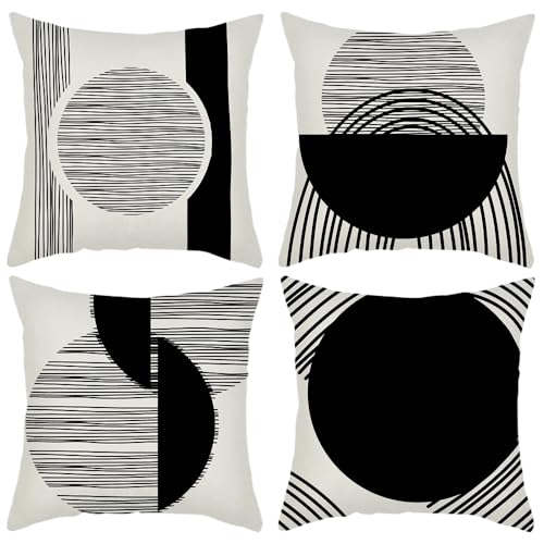 IcosaMro Boho Pillow Covers 18x18 Set of 4, Mid Century Black and White Modern Geometric Cotton Linen Throw Pillow Case Decorative Cushion Cover with Zipper for Outdoor Indoor, Black Stripe