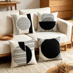 IcosaMro Boho Pillow Covers 18x18 Set of 4, Mid Century Black and White Modern Geometric Cotton Linen Throw Pillow Case Decorative Cushion Cover with Zipper for Outdoor Indoor, Black Stripe