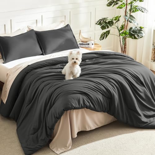 Litanika Dark Grey King Comforter Set, 3 Pieces Lightweight Solid Bed Set - Soft Fluffy Down Alternative All Season Quilt Blanket
