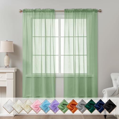 "ABLUEN Sage Green Sheer Curtains 72 Inches Long, Privacy Semi Sheer Curtains for Living Room Bedroom, Light Filtering Rod Pocket Voile Window Drapes 2 Panels Set, Each 42"" W x 72"" L"