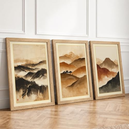 Mountain Landscapes in Mist Japandi Set of 3 Framed Wall Art Prints A3