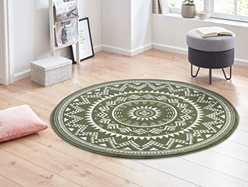 Hanse Home Valencia Round Rug - Mandala Rug Short Pile Modern Vintage Rugs for Dining Room, Living Room, Children's Room, Hallway, Bedroom, Kitchen - Green Diameter 140 cm
