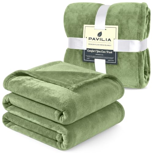 PAVILIA Sage Green Fleece Throw Blanket for Couch, Light Olive Soft Fuzzy Flannel Throw for Sofa, Luxury Plush Microfiber Bed Blanket, Cozy Home Decorative Velvet Gift Blanket, 50x60