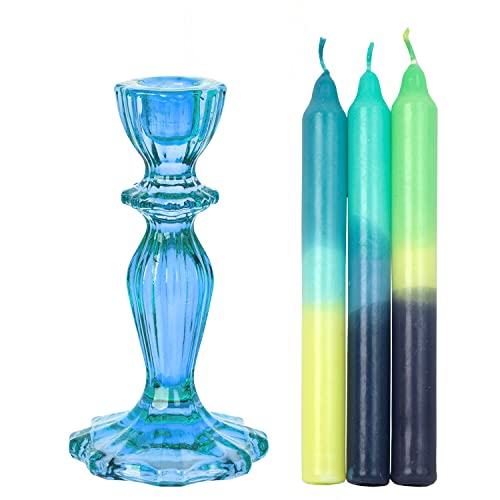 1 x Light Blue Coloured Glass Candlestick Candle Holder & 3 x Ombre Tapered Dinner Candles Unscented Wax Candlesticks for Her or Him Yellow and Green - Made by Talking Tables
