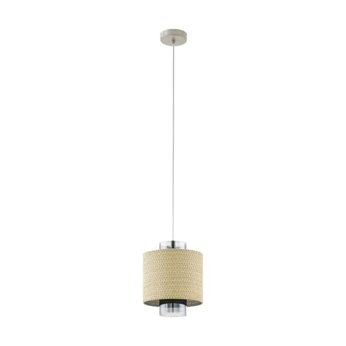 EGLO Mediouna Pendant Light, 1-Bulb Vintage Boho Pendant Light Made of Steel, Smoked Glass, Seagrass in Beige, Gold, Natural, Dining Table Lamp, Living Room Lamp Hanging with E27 Socket