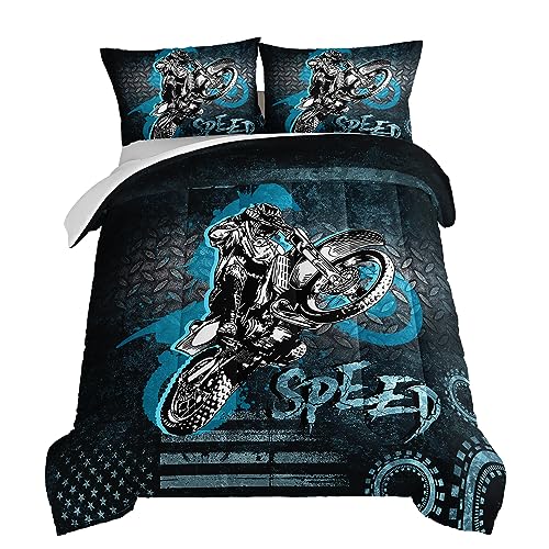 HOSIMA Dirt Bike Comforter Motocross Rider Bedding Set for Race Car Bed,American Flag Motorbike Twin Comforter Extreme Sport Bedding Set for Boys Teens Mens Bedroom Essentials.