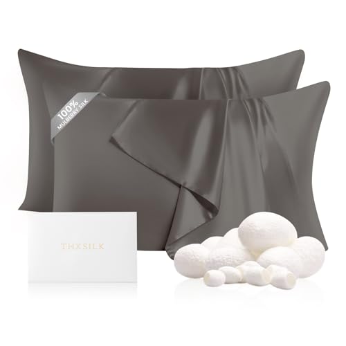 "THXSILK 2 Pack 100% Mulberry Silk Pillowcase for Hair and Skin, Both Sides 22 Momme Pure Natural Silk Pillowcases, Soft Breathable Zipper Pillow Cases Queen Size 20""x30"", Dark Grey"