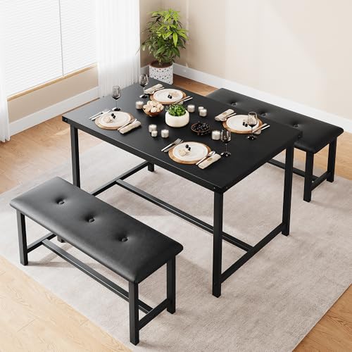 GarveeHome Dining Table with 2 Benches, 3 Piece Kitchen Table Set, Space Saving Dining Room Furniture, Metal Frame, for Kitchen Home Restaurant Bistro Patio Garden, 70D x 113W x 75H cm