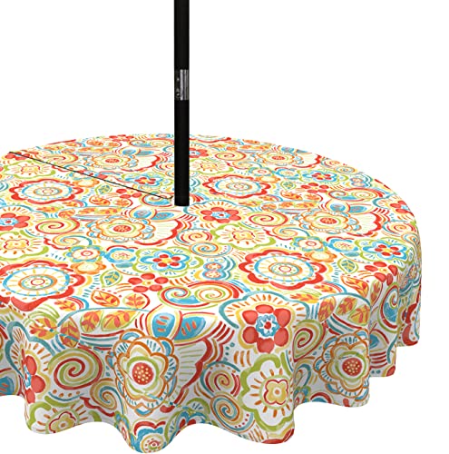 LVTXIII Outdoor Tablecloth with Umbrella Hole and Zipper, 60 Inch Water-Repellent Patio Table Cloth, Round Table Covers for Backyard Garden, Flower Red