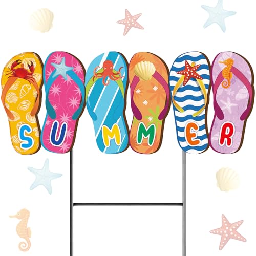 Weysat Summer Metal Yard Signs 15. 7 Inch Flip Flops Decoration Outdoor Beach Yard Decorations with Stakes Waterproof Slipper Sign Summer Pool Beach Decor for Home Garden Patio Lawn Party