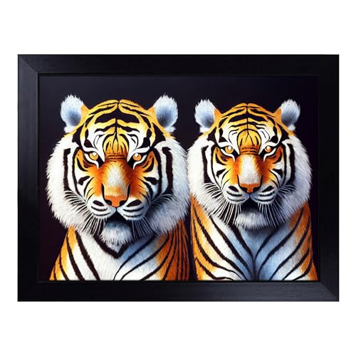 Lap Tray with Bean Bag Cushion, Symmetrical Tigers - Handmade in the UK, Raised Wooden Edge, Padded Cushion, Heat-Resistant Wipe-Clean Surface, for Meals, Laptops and Crafts