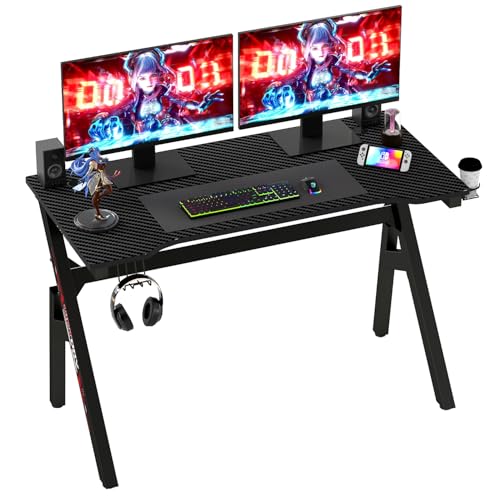 BestOffice - 120cm Gaming Desk - Black & Red - Carbon Fiber Textured Computer Desk - Sturdy Steel Frame,Cup Holder, Headphone Hook, Cable Management Holes, Adjustable Leg Pads for Gamers,Home