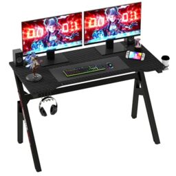 BestOffice - 120cm Gaming Desk - Black & Red - Carbon Fiber Textured Computer Desk - Sturdy Steel Frame,Cup Holder, Headphone Hook, Cable Management Holes, Adjustable Leg Pads for Gamers,Home