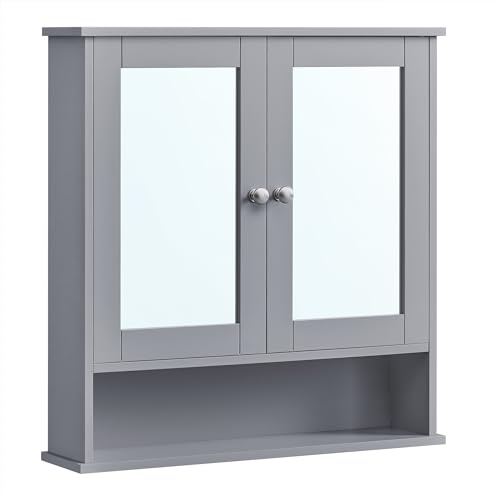 VASAGLE Bathroom Cabinet with Mirror, Wall Cabinet with 2 Mirrored Doors and Open Compartment, Adjustable Shelf, Wall-Mounted, 13 x 56.5 x 58.5 cm, Dove Grey LHC002G02