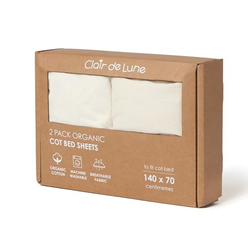 Clair de Lune Organic Cot Bed Sheets 2 Pack Fitted Jersey Cotton 70 x 140 cm (Cream)