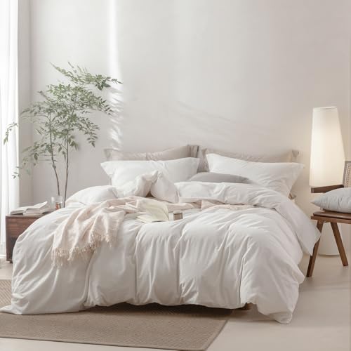 BDEAR 3 Pieces Off White Duvet Cover Set Oversized King Size 120'' W x 98'' L, 100% Washed Cotton Duvet Cover with Zipper Closure Plus 2 Pillowcases, Oeko TEX Standard 100 Certificated, Cozy Feel