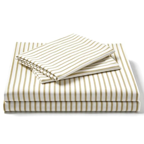 "FreshCulture King Size Sheets Set - Ultra Soft Striped Microfiber Sheets - Deep Pockets up to 16"" - Easy Care - Hotel Luxury 4 Piece Set, Stripe Beige"