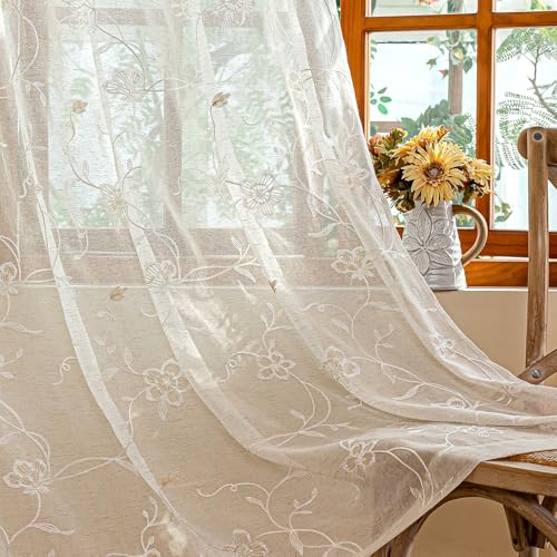 AmHoo 2 Panels Linen Floral Leaf Embroidered Semi Sheer Curtain Farmhouse Voile Curtains for Living Room Bedroom Window Treatment Beige 52 x 96 Inch