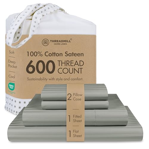 Threadmill Home Linen Queen Sheets - 100% Pure Cotton 600 Thread Count, 4 Piece Damask Moonrock Grey Bedding Set, Supreme ELS Combed Cotton, Striped Sheets with Elasticized Deep Pocket