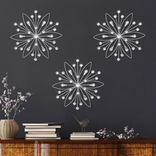 ZEXUIRU 3 Set Silver Metal Jeweled Wall Art Bling Crystal Home Décor Sun Burst Rhinestone Wall Hanging Diamond Accents