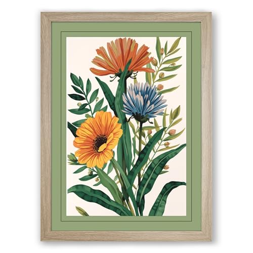 Three Flowering Specimens Botanical Framed Wall Art Print A2 (59.4×42cm) Oak, Wall Decor for Living Room, Bedroom, Office & Home, Ready to Hang, Art Gift