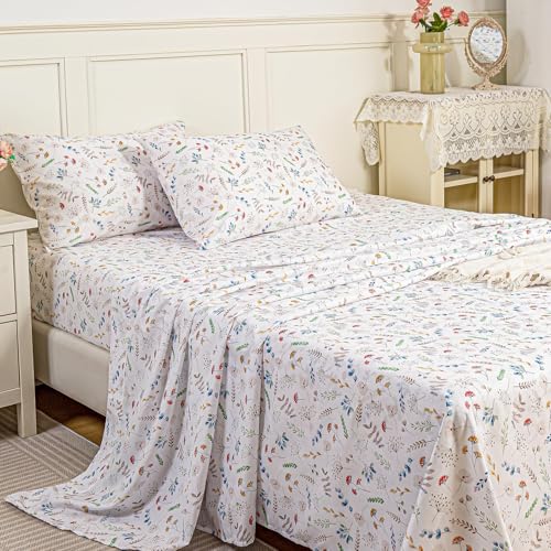 MEISHANG California King Sheet Set - Ultra Soft Floral Sheets 100% Microfiber,1800 Thread Count Floral Bed Sheets Oeko-Tex Certificated - 4 Pieces - White Flower