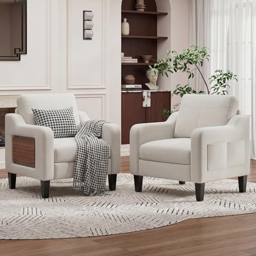 Arm Chairs for Living Room Set of 1, Accent Chair with Side Storage Pocket and Foldable Table, Fabric Armchairs with Thick Cushion, Anti-slip Solid Plastic Legs Single Sofa Chair for Bedroom, Beige