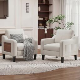 Arm Chairs for Living Room Set of 1, Accent Chair with Side Storage Pocket and Foldable Table, Fabric Armchairs with Thick Cushion, Anti-slip Solid Plastic Legs Single Sofa Chair for Bedroom, Beige